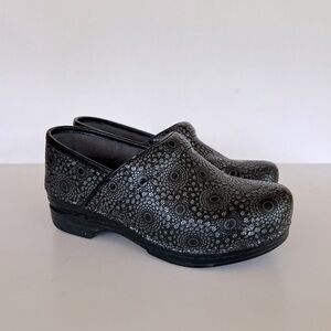 Dansko XP Professional Clogs in Black with Silver Metallic Medallion Pattern, 36